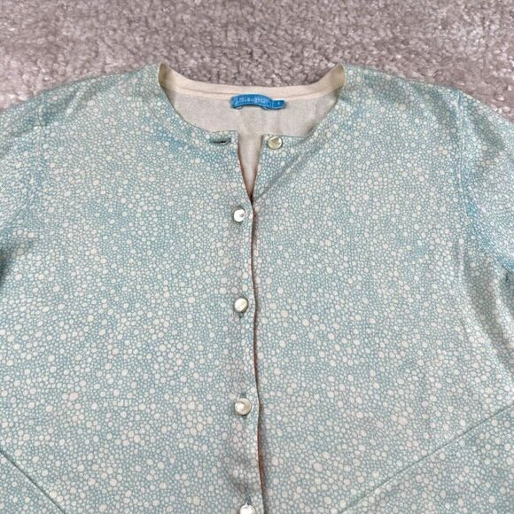 J McLaughlin Cardigan Sweater Blue White Pebble Print - Picture 4 of 6